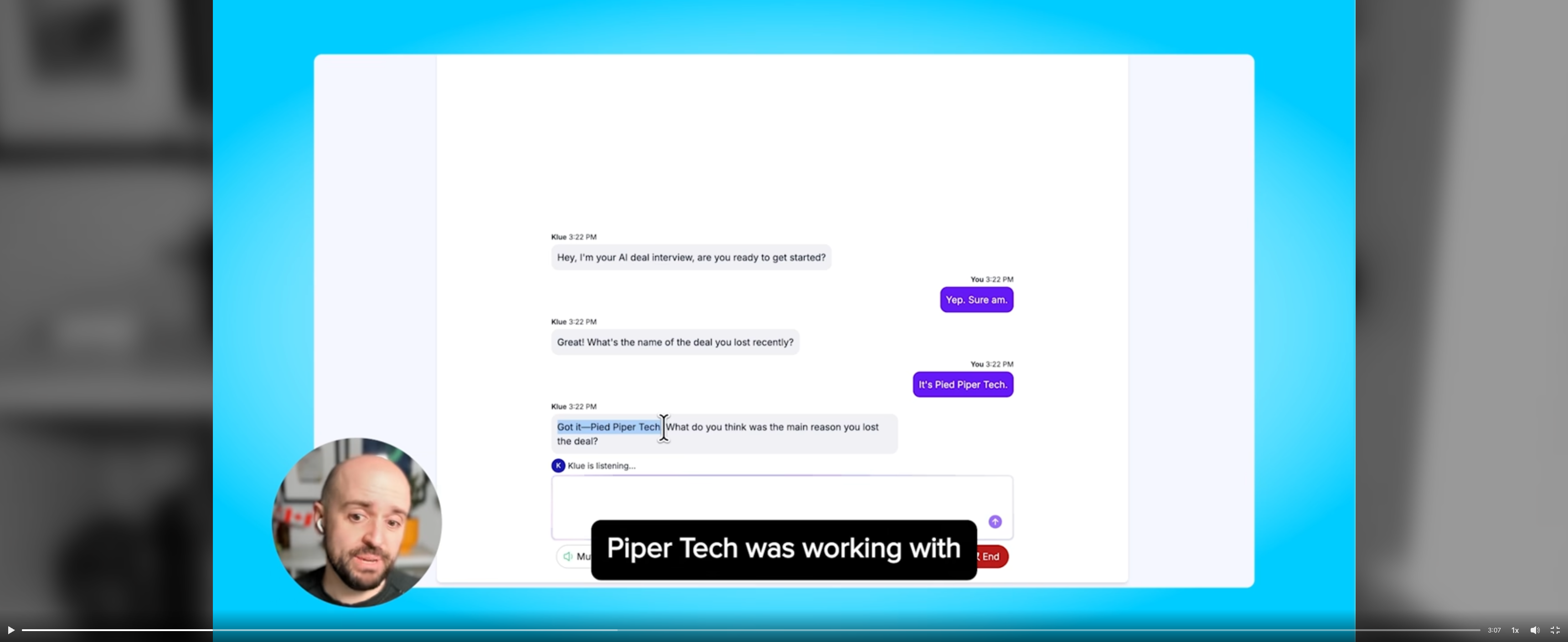 Klue's win-loss interview interface — a basic chat prompt asking sellers to recap deal details